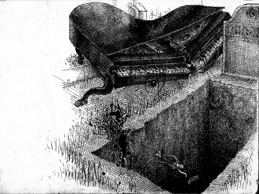 Frau fällt in offenes Grab, daneben ein zerbrochener Konzertflügel